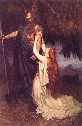 Brunhilde begs Wotan to reconsider her punishment for betraying His trust. 