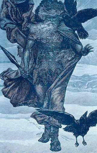Odin with His ravens Huginn and Muninn in a frozen landscape.