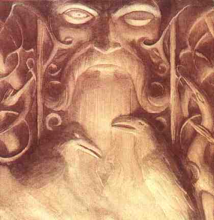 An wooden carving of Grimner (odin) with Huginn and Muninn.