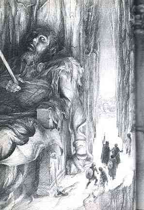 The giant Geirood, pinned to his throne by a spear thrown  by Thor, helplessly watches as Thorkill invades his realm.