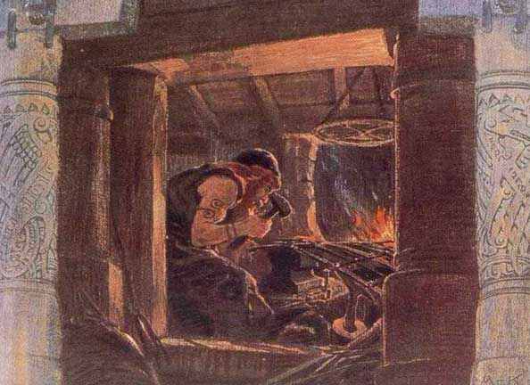 Volund works in his Smithy, plotting his revenge.