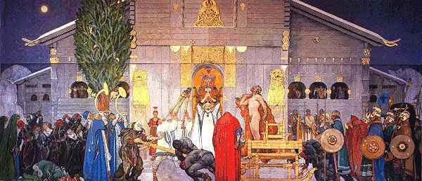 A long suppressed painting by the Swedish artist. It represents the sacrifice of  the Svea King Domalde who is sacrificed in the Uppsala Temple. The exact centre of this painting is the Thor's Hammer held up by the Godhi (priest). 