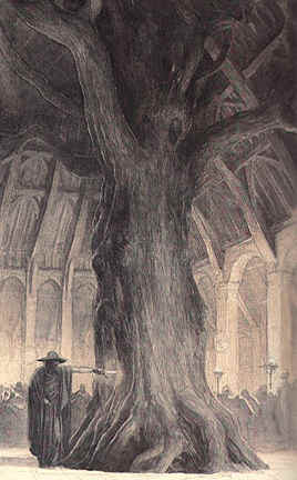 Wotan as the Wanderer leaves a sword in the tree that supports Hunding's hall.